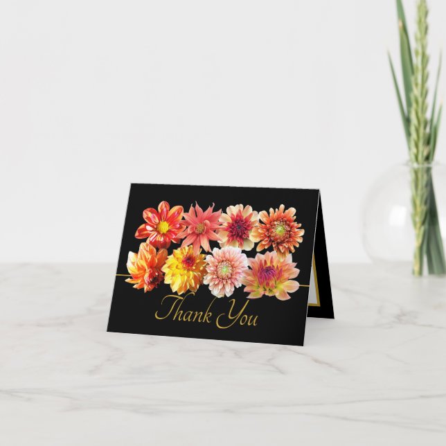 Pretty Orange/Red Dahlias Floral Bouquet Thank You Card (Front)