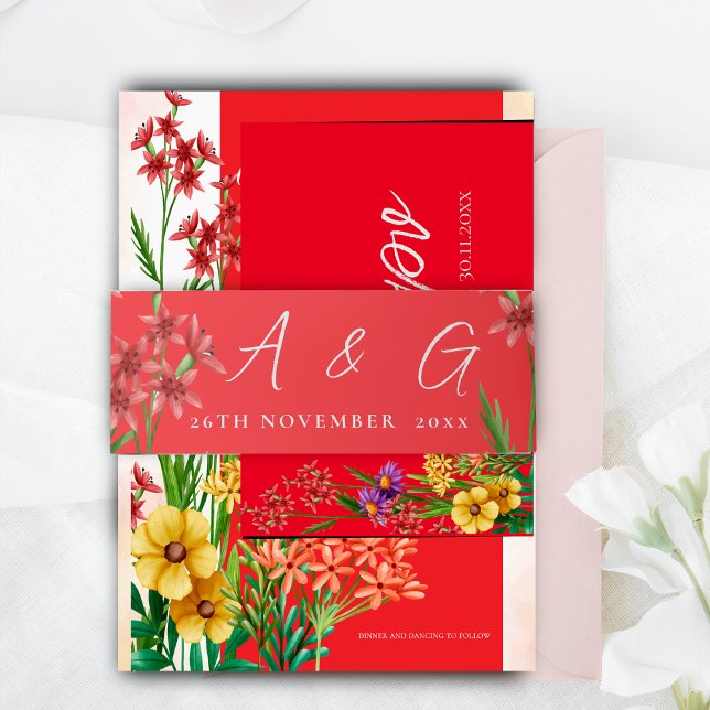 Pretty Orange Wildflowers Monogram Script Wedding Invitation Belly Band (Pretty Orange Wildflowers Monogram Script Wedding Invitation Belly Band)