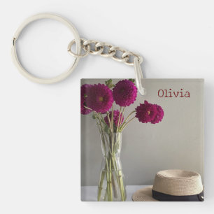 Pretty Original Dahlia Photograph +Custom Name Key Ring