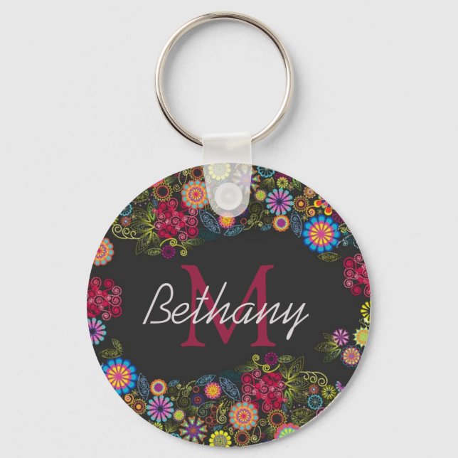 Pretty Ornate Dark Floral Pattern Personalised Key Ring (Front)