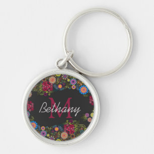 Pretty Ornate Dark Floral Pattern Personalized Key Ring