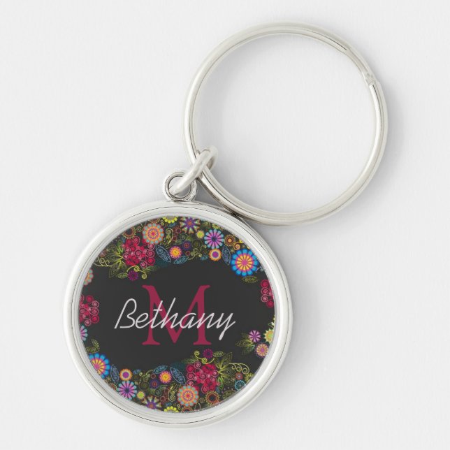 Pretty Ornate Dark Floral Pattern Personalized Key Ring (Front)