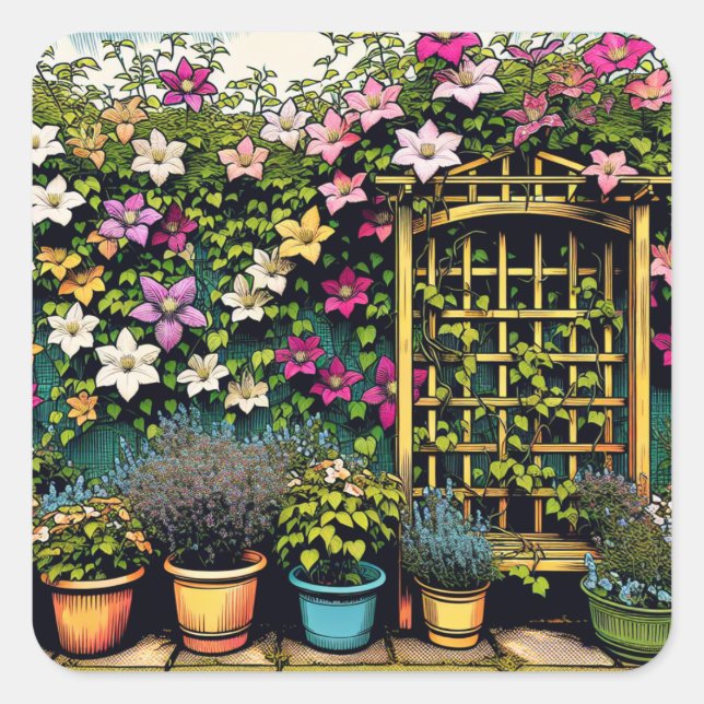 Pretty Outdoor Trellis and Pots of Plants Square Sticker (Front)