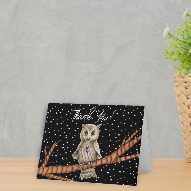 Pretty Owl on Branch Purple Necklace Stars Black Thank You Card (Pretty owl purple crystal necklace stars on branch on black Thank You card.)