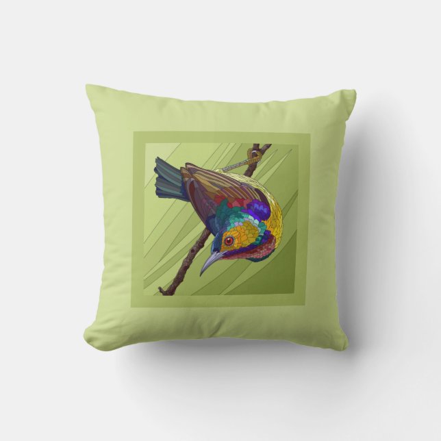 Pretty Painted Bird on Green Cushion (Front)