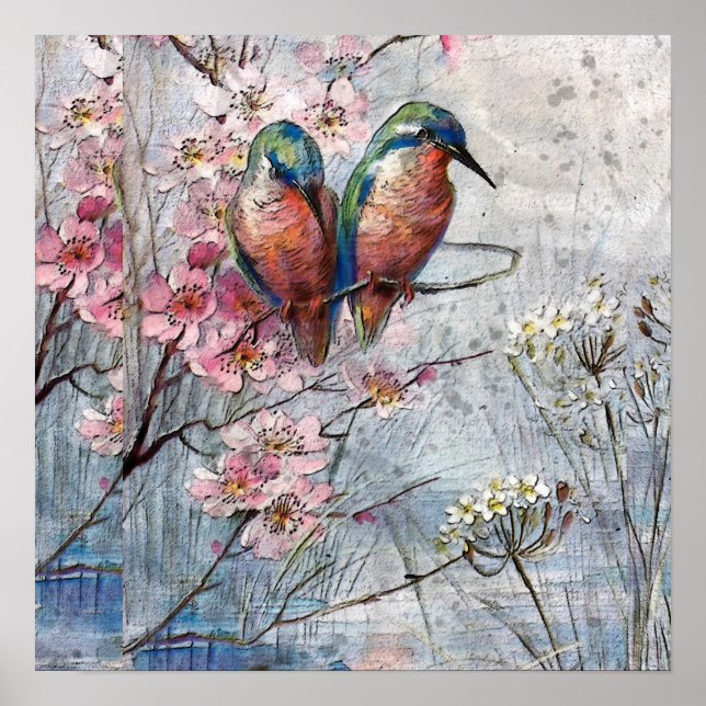 Pretty Painted Blue Birds and Flowers Faux Poster (Front)