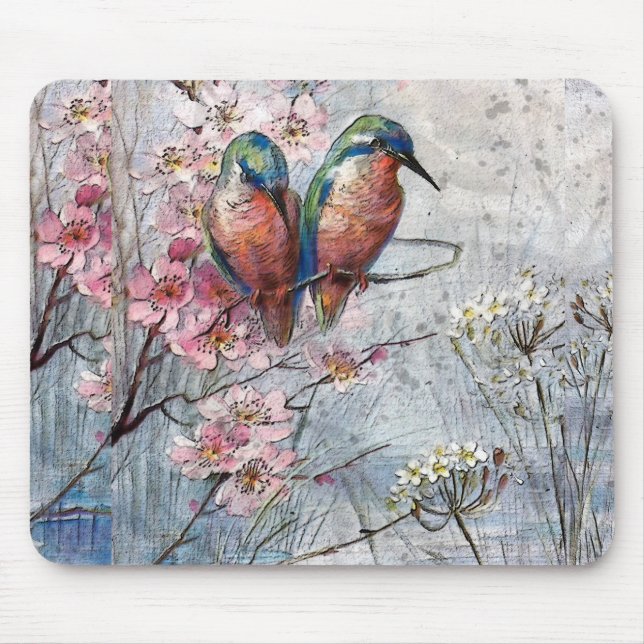 Pretty Painted Blue Birds and Flowers  Mouse Pad (Front)