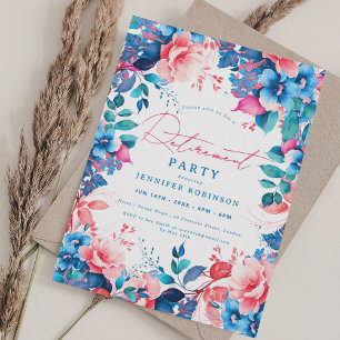 Pretty Painted Blue & Pink Floral Retirement Party Invitation