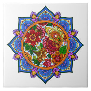 Pretty Painted Floral Mandala Ceramic Tile