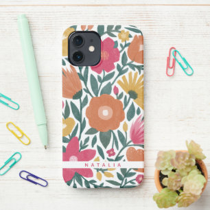 Pretty Painted Florals Magenta Orange Name  iPhone 12 Case
