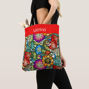 Pretty painted flowers, personalised tote bag