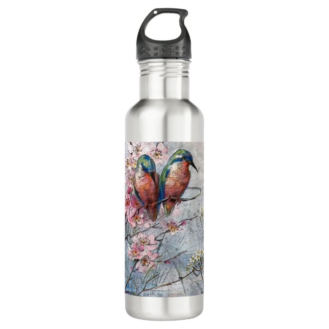 Pretty Painted Kingfishers and Flowers  710 Ml Water Bottle (Front)