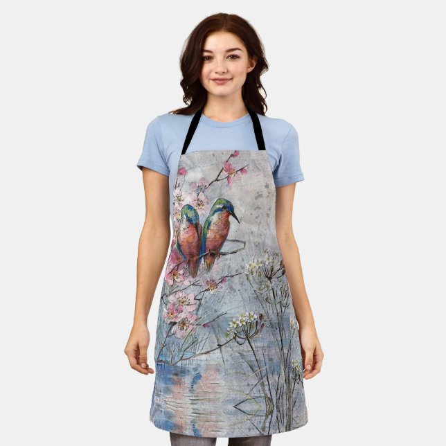 Pretty Painted Kingfishers and Flowers Apron (Worn)