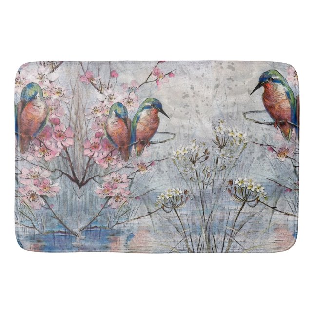 Pretty Painted Kingfishers and Flowers  Bath Mat (Front)