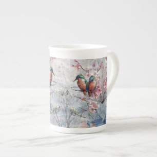 Pretty Painted Kingfishers and Flowers Bone China Mug