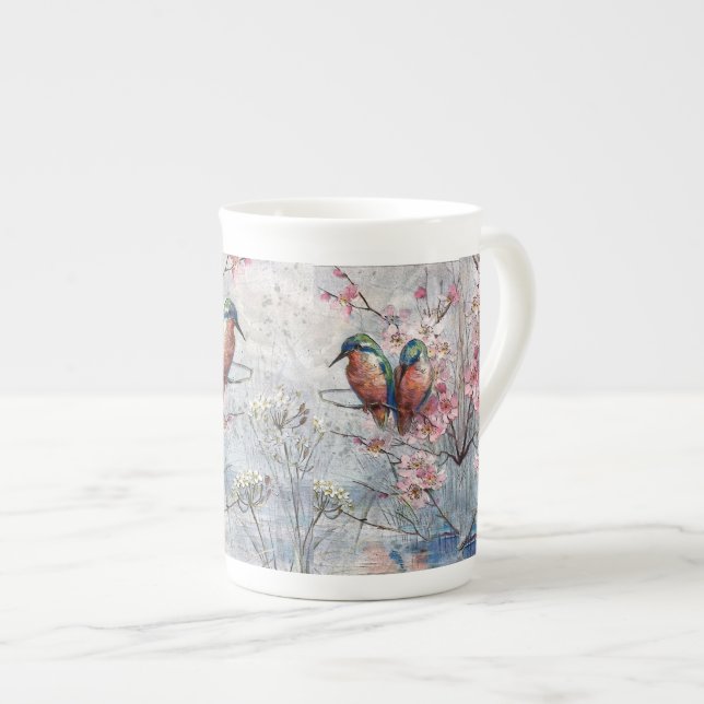 Pretty Painted Kingfishers and Flowers Bone China Mug (Front Right)