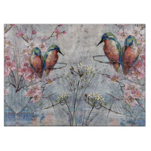 Pretty Painted Kingfishers and Flowers Cutting Board