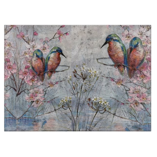 Pretty Painted Kingfishers and Flowers  Cutting Board (Front)