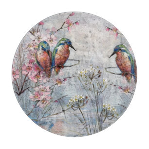 Pretty Painted Kingfishers and Flowers Cutting Board