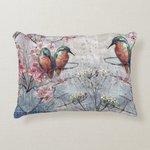 Pretty Painted Kingfishers and Flowers  Decorative Cushion