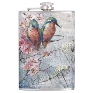 Pretty Painted Kingfishers and Flowers  Hip Flask
