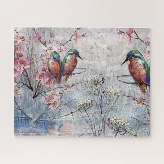 Pretty Painted Kingfishers and Flowers Jigsaw Puzzle (Horizontal)
