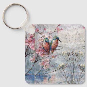 Pretty Painted Kingfishers and Flowers Key Ring