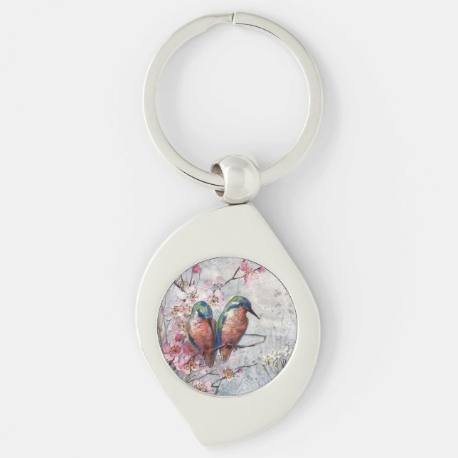 Pretty Painted Kingfishers and Flowers Keychain (Front)