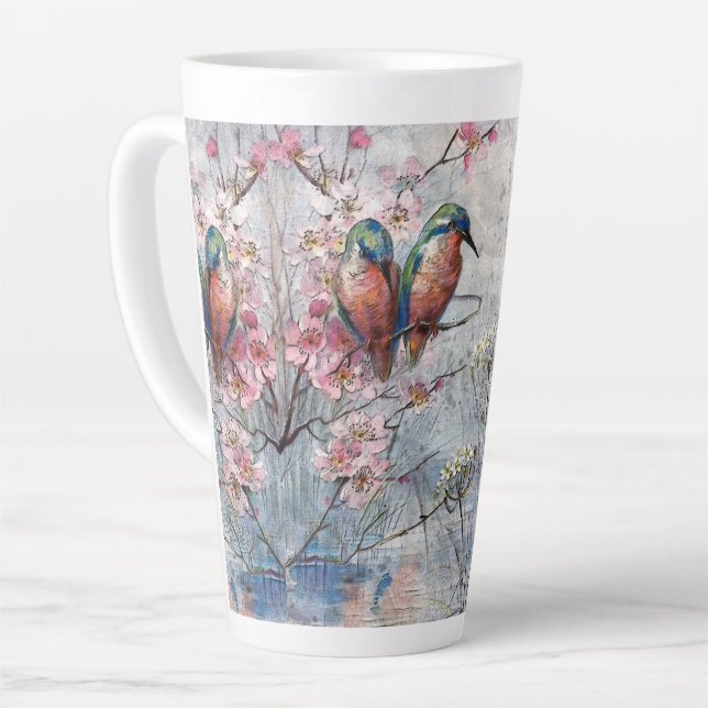 Pretty Painted Kingfishers and Flowers  Latte Mug (Left Angle)