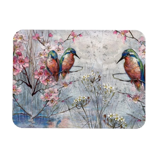 Pretty Painted Kingfishers and Flowers Magnet (Horizontal)