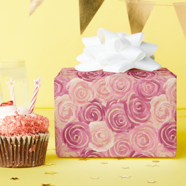 Pretty Painted Roses Print Wrapping Paper Roll    (Birthday Party)