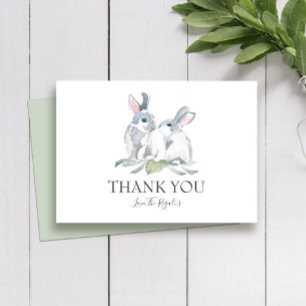 Pretty Painted Watercolor Bunny and Green Leaves Thank You Card