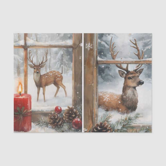 Pretty Pair of Deer in Window Panes in Winter Tissue Paper (Front)