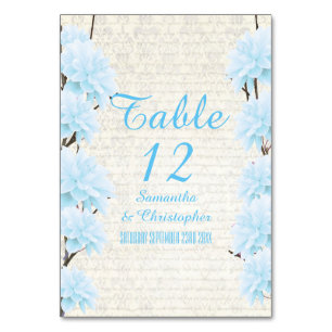 Pretty pale blue floral flower blossom wedding table number