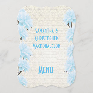 Pretty pale blue floral flower wedding menu