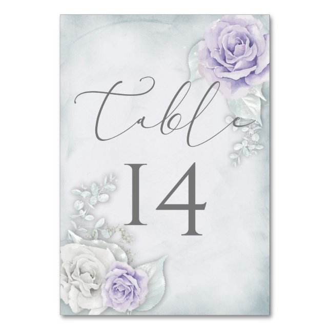 Pretty Pale Lilac and White Roses Wedding Table Number (Front)