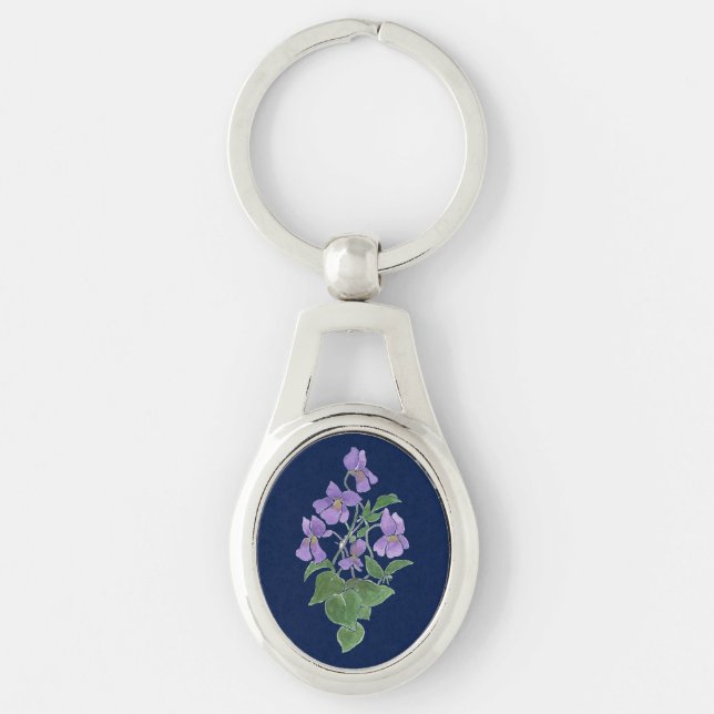 Pretty Pale Mauve Violets on Dark Blue Keychain (Front)