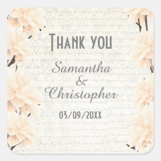 Pretty pale peach floral flower thank you square sticker