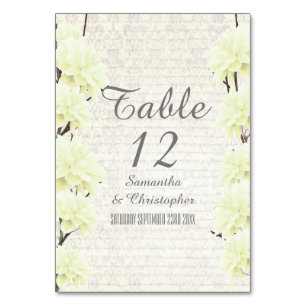 Pretty pale yellow floral flower blossom wedding table number
