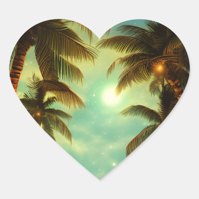 Pretty Palm Trees at Sunset Tropical Heart Sticker (Front)