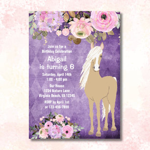 Pretty Palomino Horse Pink Purple Floral Birthday Invitation