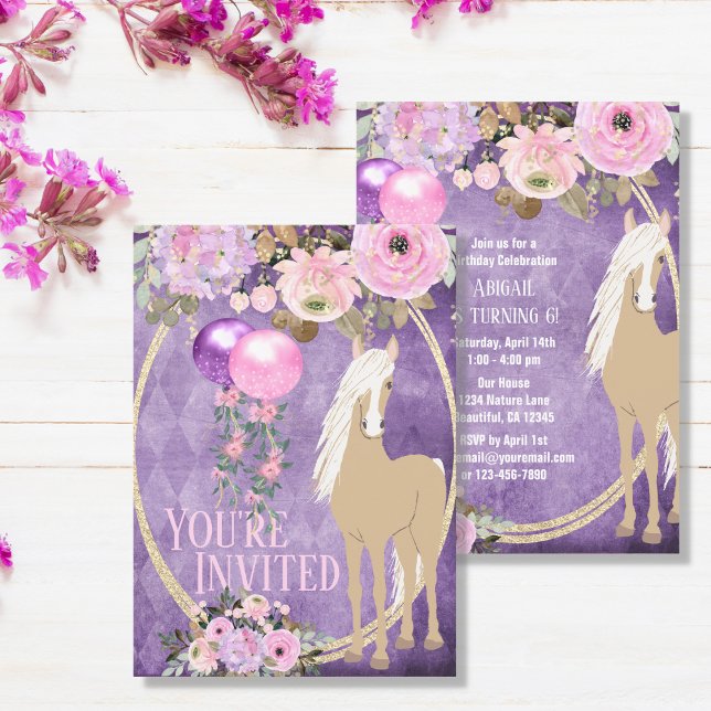 Pretty Palomino Pink Purple Flowers Horse Birthday Invitation (Creator Uploaded)