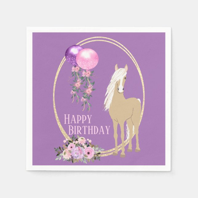 Pretty Palomino Pink Purple Flowers Horse Birthday Napkin (Front)