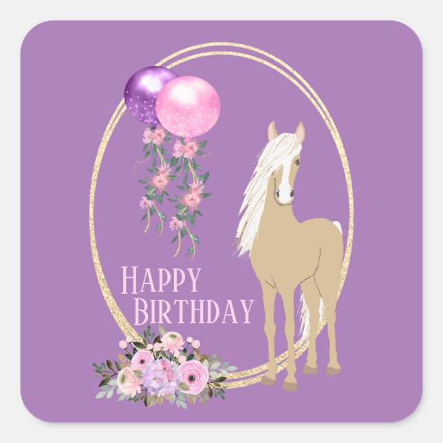 Pretty Palomino Pink Purple Flowers Horse Birthday Square Sticker (Front)