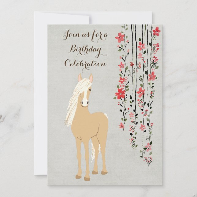 Pretty Palomino Pony and Flowers Horse Birthday Invitation (Front)