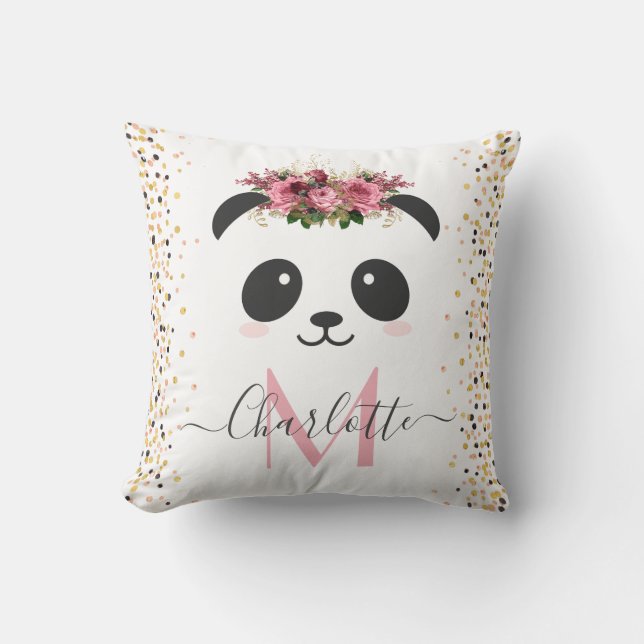 Pretty panda floral monogram personalised cushion (Front)
