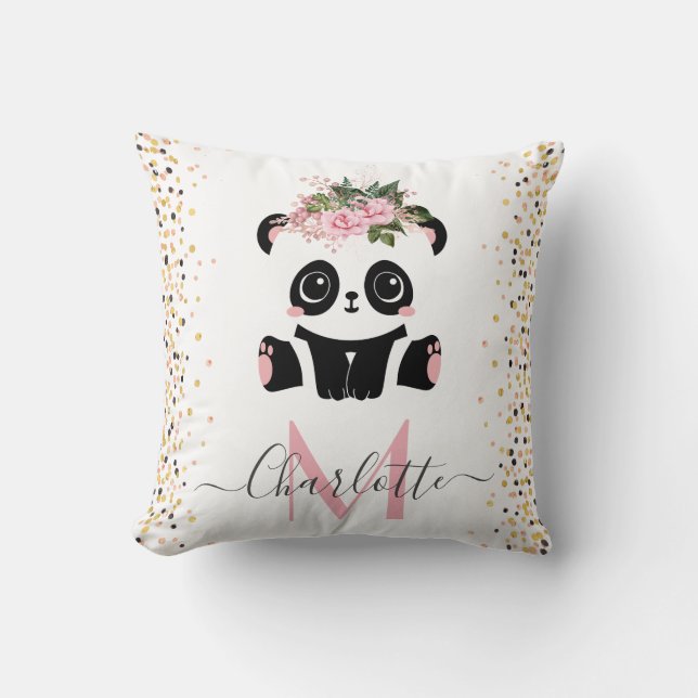 Pretty panda floral monogram personalised throw pi cushion (Front)
