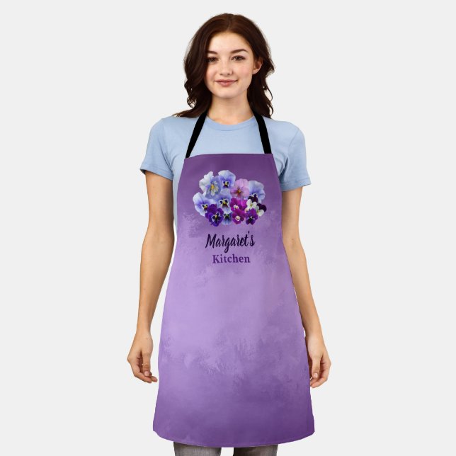 Pretty Pansies Personalised Purple Apron Floral (Worn)