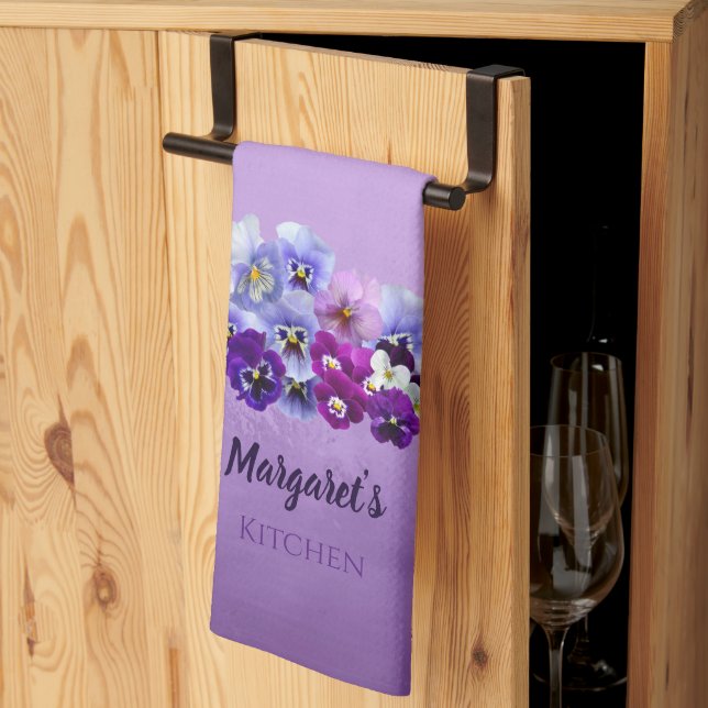 Pretty Pansies Personalised Purple Kitchen Towel (Thirds Fold)
