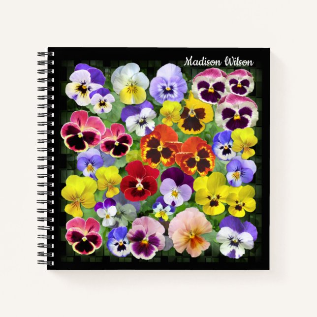 Pretty Pansy Collage Custom Name Notebook (Front)